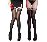 EMOTTOS Women's Hold Ups Stockings 2PCS, Thigh High Stockings Oil Glossy Stockings, Sexy Anti-skid Silicone Lace Silk Stockings 8 Denier for Ladies, One Size, Black + Black