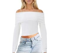 EMOTTOS Women's Knitted Crop Tops, Ladies Y2K Plain Tops Slim Fit One Shoulder T-Shirts, Fashion Going Out Club Party Basic Knitwear Sweater, White, L