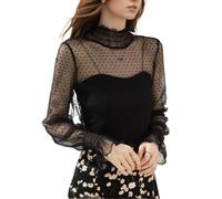 EMOTTOS Women's Lace Crop Tops, Ladies Y2K Polka Dot Sheer Mesh Shirt Ruched Half-High Neckline, Stylish Going Out Club Party Sexy See-Through T-Shirt for Ladies, Black, L