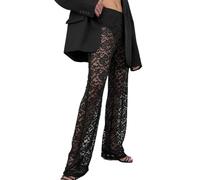 EMOTTOS Women's Lace Trousers, Y2K High Waist Straight Leg Bottoms with Crochet Flower Pattern, Elastic Waist Pants Hollow Out Sheer Mesh Trousers for Nightclub Party, Black, M