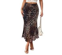 EMOTTOS Women's Long Skirt Summer, Ladies Maxi Fishtail Leopard Print Slim Fit Sexy High Waist Elasticated Tulle Wrap Around Skirts A-Line Elastic Pleated Hemline Mesh Girls Clubwear, Brown, M