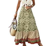 EMOTTOS Women's Maxi Skirt Summer Boho High Waist Bohemian Pleated Floral Print with Ruffles and Drawstring, Green, M (Waist: 68cm, Length: 90cm)