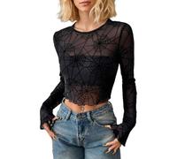 EMOTTOS Women's Mesh Crop Top, Sexy Spider Web Pattern Long Sleeve Sheer Tops Transparent T-Shirt Stretchy, Stringy Selvedge Long Sleeves Top for Party Clubwear, Black, S