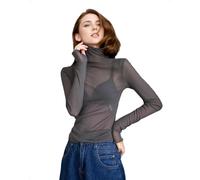 EMOTTOS Women's Mesh Lace See Through Tops, Sexy Ruffle Long Sleeves Top Mock Neck Sheer Slim Fit, Ladies Transparent Y2K T-Shirts Clubwear Out Autumn Winter, Grey, One Size
