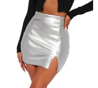 EMOTTOS Womens Metallic Faux Leather Short Skirt, Sexy Glossy Skirt High Waist Zip Hip Wrap Pencil Skirts for Ladies, A-Line Slit PU Leather Party Mini Skirt for Women, Silver, S
