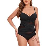 EMOTTOS Women's One-Piece Suit Mesh Swimwear, Sexy V-Neck Double Straps Swimsuit with Bra, Soft Backless Cut Out High Elasticity Tummy Control Curvy One Piece Lace Swimsuit, M