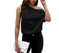 EMOTTOS Womens Satin Off The Shoulder Tops, Batwing Short Sleeve One Shoulder Blouses for Ladies, Pleated Cold Shoulder Asymmetric Casual Top, Black, S