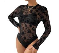 EMOTTOS Women's Sexy Lace Bodysuit, Flocked Printed Sheer Mesh Long Sleeve, Round Neck See Through Jumpsuit for Women, Female Sexy Leotard Clubwear(BLACK-L)