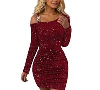 EMOTTOS Women's Sexy Sequin Mini Dress, Going Out Dresses Off Shoulder Square Buckle Sloping Shoulders Wrap Dress, Bottom Waist Pleat Slim Fit Tight Bodycon Dress Party Club, RED, L