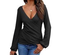 EMOTTOS Women's Sexy V-Neck Tops- Slim Fit Cross Wrap Waffle Shirts Soft Crop Top Deep V Neck Long Sleeve, Irregular Ruched Hem Tunic Tops, Fashion Skinny Y2K Tee Shirt Blouse(Black-XL)