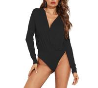 EMOTTOS Women's Sexy Wrap Bodysuit, Slim Fit Cross V Wrap Leotard, Soft Crop Top Ruched Body Suit, Sexy Irregular Jumpsuit for Women (Black,S-XL)