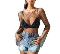 EMOTTOS Women's Sheer Fishnet Flared Sleeve Top, See-Through Polished Soft Fabric Transparent Mesh Tops Sparkling Rhinestones, Long Sleeve Glitter Party Blouse Ladies Summer Party Tops, Black, L