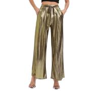 EMOTTOS Women's Shiny Metallic Trousers, Sparkly Wide Leg Pants High Waist Streetwear with Elastic Waistband, Fashion Holographic Color Trousers with Pockets for Nightclub Party, Gold, L