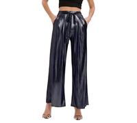 EMOTTOS Women's Shiny Metallic Trousers, Sparkly Wide Leg Pants High Waist Streetwear with Elastic Waistband, Fashion Holographic Color Trousers with Pockets for Nightclub Party, Black, L