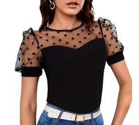 EMOTTOS Women's Short Sleeve Tops, Puff Sleeve Top with See Through Sleeve and Polka Dot Slim Fit for Ladies, Round Neck Basic T-Shirt Casual Club Party Streetwear for Spring Summer, Black L