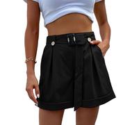 EMOTTOS Womens Shorts Summer with Pocket, Elastic High Waisted Shorts with Removale Belt, Pleated Shorts with Button Decor Casual Lightweight Loose Fit for Ladies, Black XL