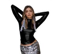 EMOTTOS Women's Sparkly Glitter Crop Tops, Sexy Shiny Long Sleeve Top Party Slim Fit, Y2K Sequin Mock Neck T-Shirts Ladies Clubwear Disco Autumn Winter Going Out Tees, Black, S