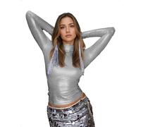 EMOTTOS Women's Sparkly Glitter Crop Tops, Sexy Shiny Long Sleeve Top Party Slim Fit, Y2K Sequin Mock Neck T-Shirts Ladies Clubwear Disco Autumn Winter Going Out Tees, Silver, S
