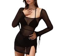 EMOTTOS Women's Square Neck Mesh Mini Dress, Sexy See Through Long Sleeve with Adjustable Straps, Lace Dresses with Split Hem Tight Clubwear Night Out Club Party for Ladies, Black, L