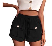 EMOTTOS Women's Summer Casual Work Short, Buttons Middle Waist Sports Shorts with Pockets and Drawstring, Cotton Leisure Shorts for Daily Camping Travel, Black, XL