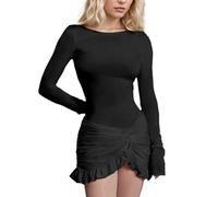 EMOTTOS Women's Twisted Wrap Mini Dress, Cocktail Ruffle Dresses with Elastic Waist, Slim Fit Bodycon Dress with Round Neck, Casual Swing Dresses for Clubbing Party Cocktail Birthday, Black, S