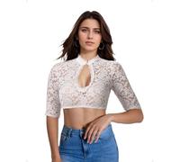 EMOTTOS Women's V-neck Dirndl Lace Blouse, Short-Sleeve Elegant Jacquard Bavarian Costume with Button, Mesh Embroidery Traditional Blouse for Oktoberfest, White, L