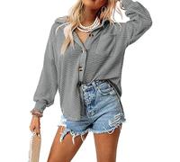 EMOTTOS Women's Waffle Button Shirts, Oversize Checked Shirts Long Sleeve Jacket with Lapel, Casual Basic Knitted Blouse Shirts with Pocket, Basic Loose Tunic Shirts Casual Office(Grey-M)
