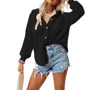 EMOTTOS Women's Waffle Button Shirts, Oversize Checked Shirts Long Sleeve Jacket with Lapel, Casual Basic Knitted Blouse Shirts with Pocket, Basic Loose Tunic Shirts Casual Office(Black-M)