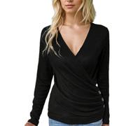 EMOTTOS Women's Waffle Knitwear, Ladies Loose Plain Tops with Side Button, Sexy Ruched T-Shirt with V Neck, Pull Over Soft Casual Knit Sweater for Winter Fall, Black, L