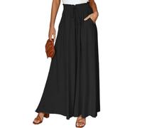 EMOTTOS Womens Wide Leg Trousers, Elasticated High Waist Wide Leg Pants with Pockets, Ladies Flowy Trouser Culottes with Drawstring Baggy Loose Fit Lightweight Solid Color Causal, Black M