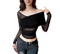 EMOTTOS Women's Wrap Mesh Crop Top, Ladies Y2K Off Shoulder Sheer Tops Ruched T-Shirts with V-Neck, Fashion Going Out Club Party Skin Tight Top Sexy See-Through Lace Design for Ladies, Black, M