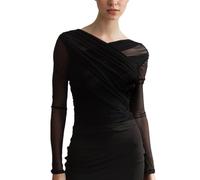 EMOTTOS Women's Wrap Mesh Crop Top, Ladies Y2K Sheer Tops Slim Fit Ruched T-Shirts with V-Neck, Fashion Going Out Club Party Skin Tight Top Sexy See-Through Lace Design for Ladies, Black, S