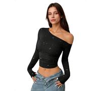 EMOTTOS Women's Y2K Crop Tops, Rhinestone Shiny Sexy Off-Shoulder Long Sleeve Slim Fit, Asymmetrical Cold Shoulder Side Frill Stretchy Slimming Elastic T-Shirt Party Festival Shirt Ladies, Black, S