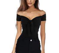 EMOTTOS Women's Y2K Crop Tops, Short Sleeve Off Shoulder Top V Neck Bowknot Slim Fit for Ladies, Sweetheart Neckline Basic T-Shirt Casual Club Party Streetwear for Spring Summer, Black L