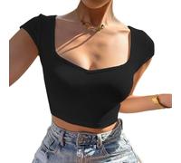 EMOTTOS Women's Y2K Crop Tops, Short Sleeve V Neck Backless Top Slim Fit for Ladies, Cropped Strappy Basic T-Shirt Back Tie Tee Shirts Casual Club Party Streetwear for Spring Summer, Black L