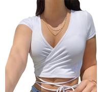 EMOTTOS Women's Y2K Crop Tops, Short Sleeve V Neck Basic Top Slim Fit for Ladies, Cropped Strappy T-Shirt Front Tie Tee Shirts Casual Club Party Streetwear for Spring Summer, White M