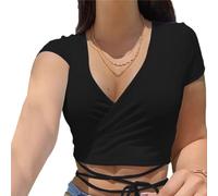 EMOTTOS Women's Y2K Crop Tops, Short Sleeve V Neck Basic Top Slim Fit for Ladies, Cropped Strappy T-Shirt Front Tie Tee Shirts Casual Club Party Streetwear for Spring Summer, Black M