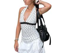 EMOTTOS Women's Y2K Tank Top, Lace Patchwork Polka Dot Pleated Tops, Sexy Sleeveless Slim Fit Halter Neck Vests Lightweight Stretch Fabric Casual Ladies Girls Summer Party Festival, White, L