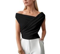 EMOTTOS Women's Y2K Top, Cross Pleated Crop Tops, Sexy Asymmetrical Off-The-Shoulder Sleeveless Slim Fit Lightweight Stretch Fabric Casual Ladies Girls Summer Party Festival, Black, S