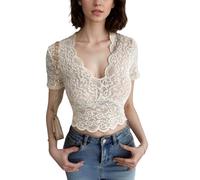 EMOTTOS Women's Y2K Top, Semi-Transparent Lace Crop Tops, Sexy Short-Sleeved V-Neck Slim Fit Lightweight Stretch See Through Fabric T-Shirt Casual Ladies Girls Summer Party Festival, White, S