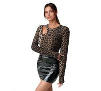 EMOTTOS Women's Y2K Tops, Sexy Leopard Cut-Out Long Sleeve Slim Fit, Round Neck Stretchy Slimming Elastic T-Shirt Party Festival Shirt Ladies, Brown, M