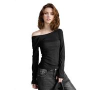 EMOTTOS Women's Y2K Tops, Sexy Off-Shoulder Long Sleeve Slim Fit, Open Back Asymmetrical Back Tie Cold Shoulder Lightweight Stretchy Slimming Elastic T-Shirt Party Festival Shirt Ladies, Black, S