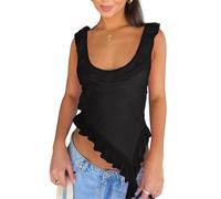 EMOTTOS Y2K Vest Tops for Women, Scoop Neck Crop Tops Strappy Sleeveless with Ruffle Edge, Clubbing Top Cute Cropped Top Ladies Casual Summer Slim Fit, Black L