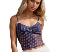 EMOTTOS Y2K Women Mesh Tank Tops Summer, Sexy Polka Dot Adjustable Strap Vest with Bowknot, Sleeveless Pleated Sheer Crop Tops, Slim Fit See Through Lace Tops for Club Party, Blue, M