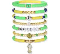 Emowom 2026 World Soccer Game-day Cup Brazil Team Beaded Bracelet Set 7pcs Stack-able Bracelets with Soccer Flag Beads Brazil Lettering Gold Crystal Accents Jewelry Gift for Women Men(Brazil)