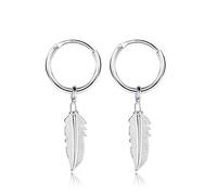 EMPATHY JEWELS 925 Silver Hoop Earrings with Feather Hanging, Hypoallergenic, Diameter 14 mm, Silver, No Gemstone