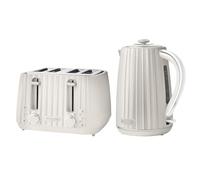 Emperial Flow Kettle and Toaster Set | 1.7L Cordless Electric Kettle | 4 Slice Toaster with Adjustable Browning | High Gloss Grooved Design (White)