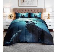 Emperor Bedding Set - Coverless Duvet with 2 Pillowcase - Reversible Printed with Howling Wolf Pattern - Summer Lightweight and Washable Dark Fantasy Duvet 260x220 cm