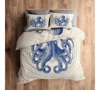 Emperor Bedding Set, Octopus Duvet Cover with 2 Pillowcases, 3 Piece Bedroom Decor, Nautical Ocean Animal Pattern Soft Microfiber Quilt Cover, Zip Fastening &S464