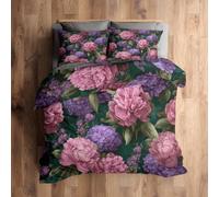 Emperor Bedding Set, Pink Peony Duvet Cover with 2 Pillowcases, 3 Piece Bedroom Decor, Purple Floral Pattern Soft Microfiber Quilt Cover, Zip Fastening C130N